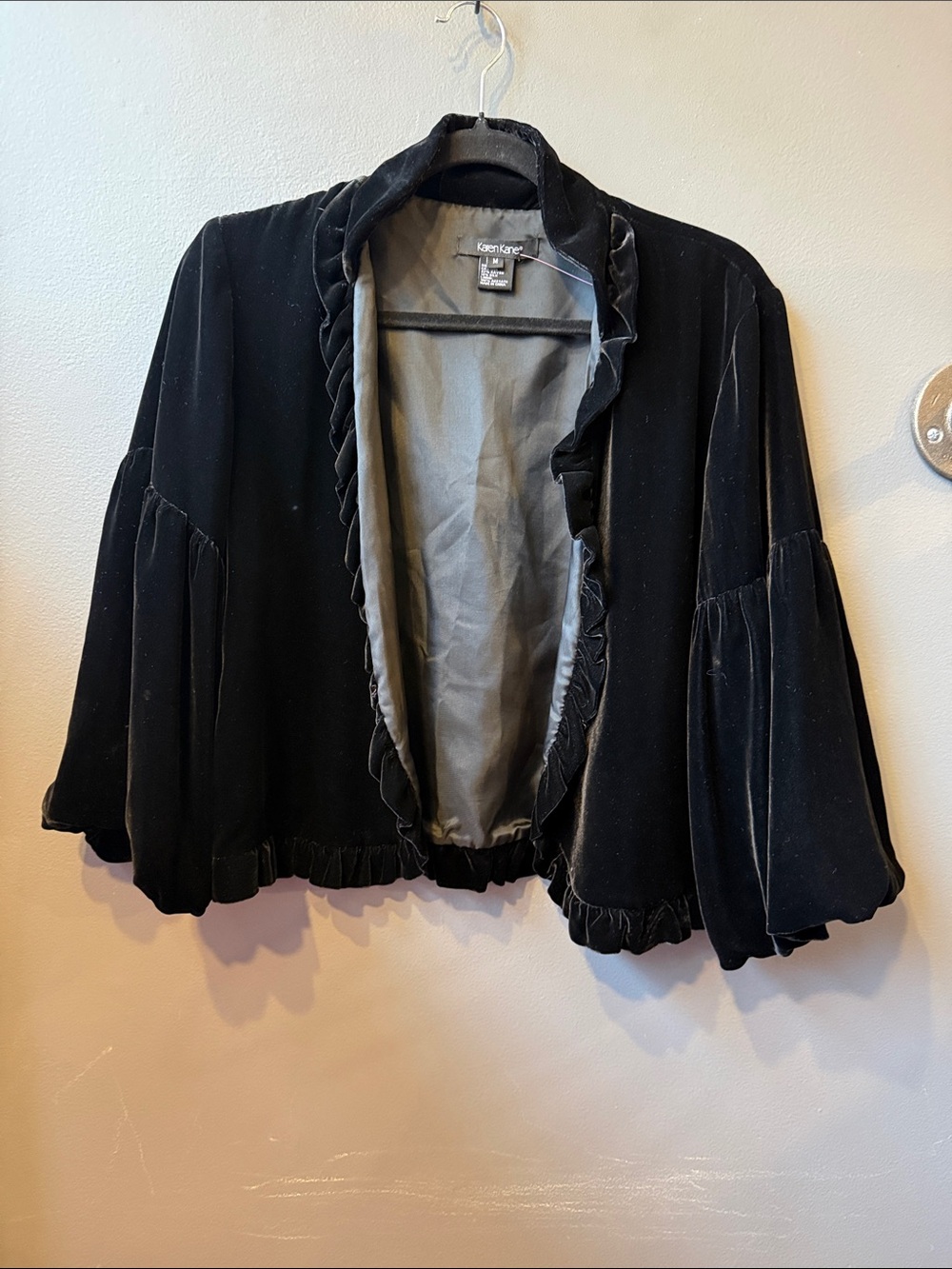 Karen Kane Black Velvet Ruffled Open Jacket